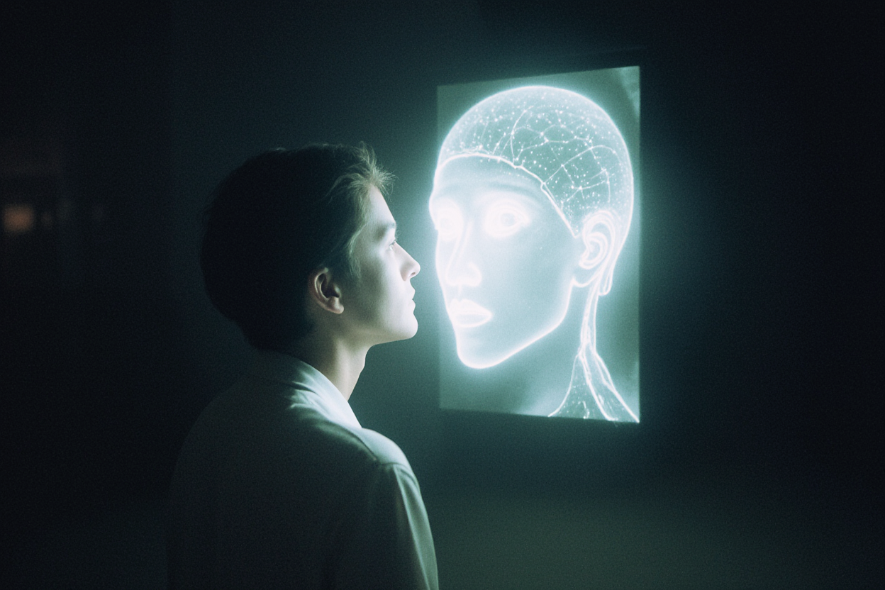 Calm nighttime scene showing a person looking at a glowing holographic AI projection, symbolizing reflection and humanity