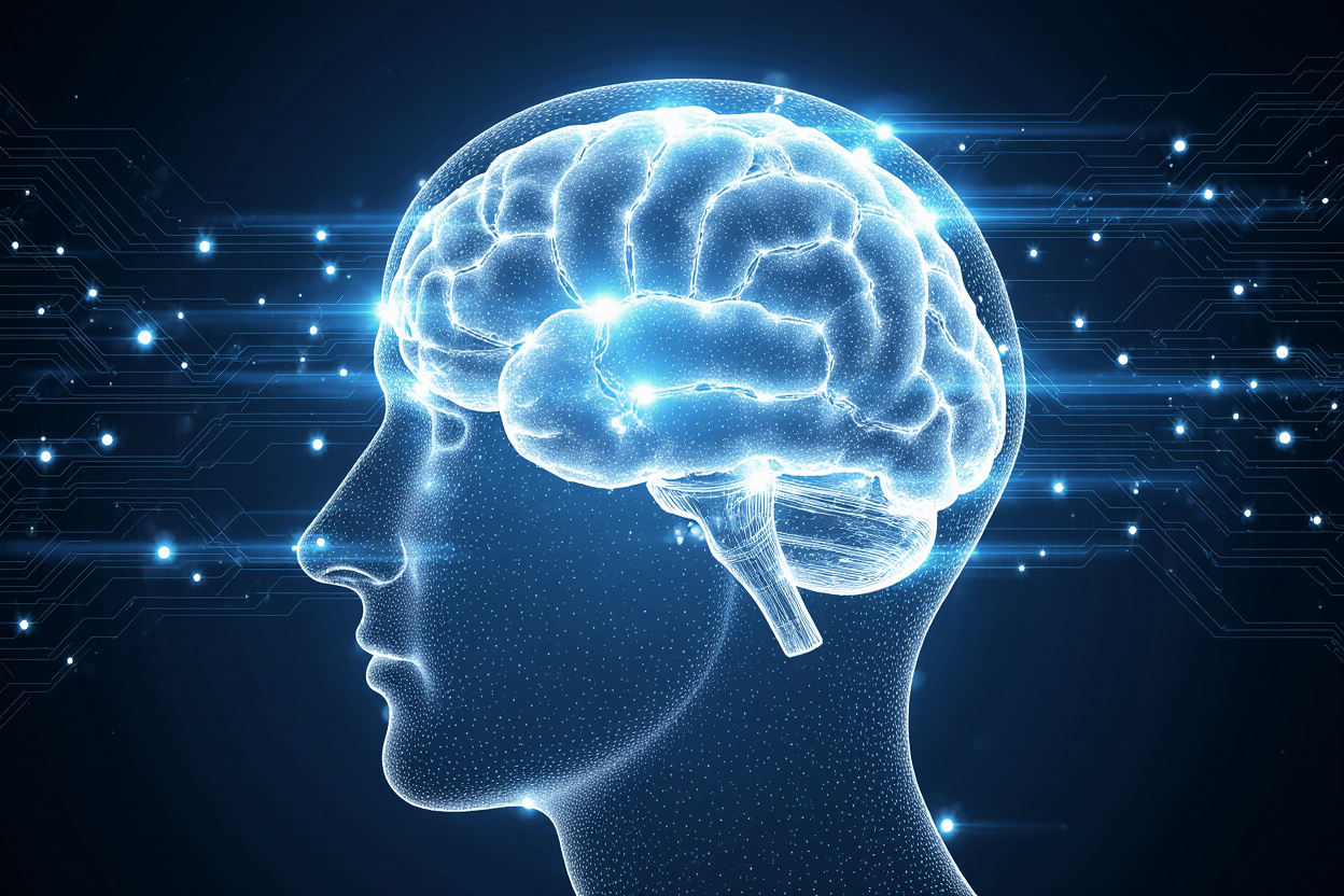 Concept art of a digital brain made of light patterns learning from data streams, symbolizing machine learning evolution