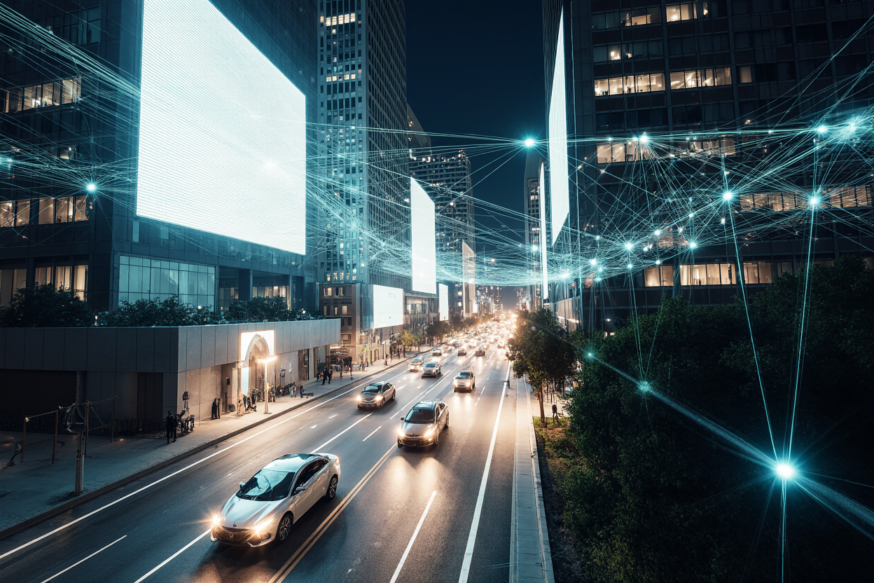 Futuristic smart city glowing at night, filled with AI-driven transportation, buildings, and digital connections