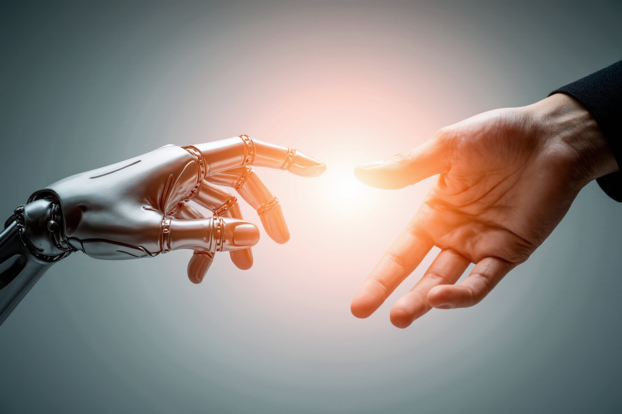 Human hand reaching toward a robotic hand with glowing light between them, representing collaboration between AI and people