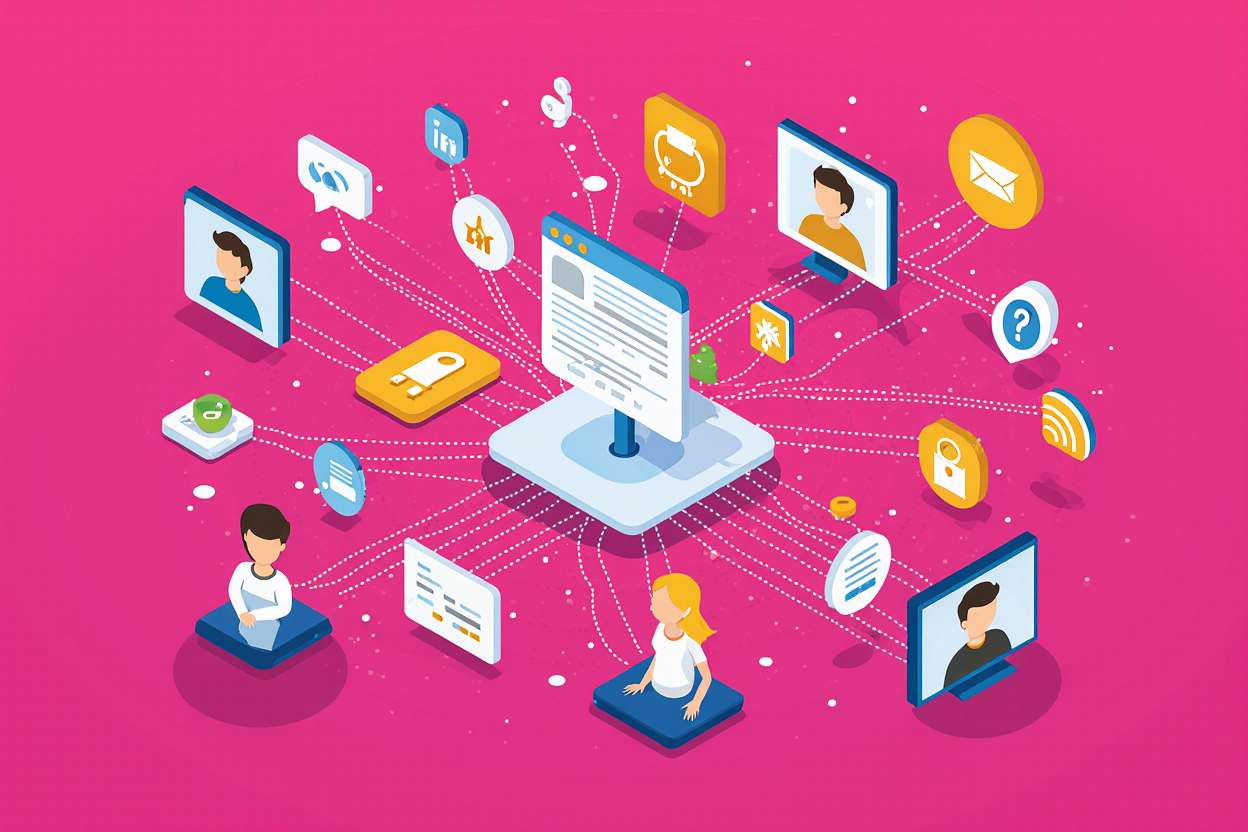 Illustration showing digital algorithms shaping people’s decisions across social media, shopping, and entertainment